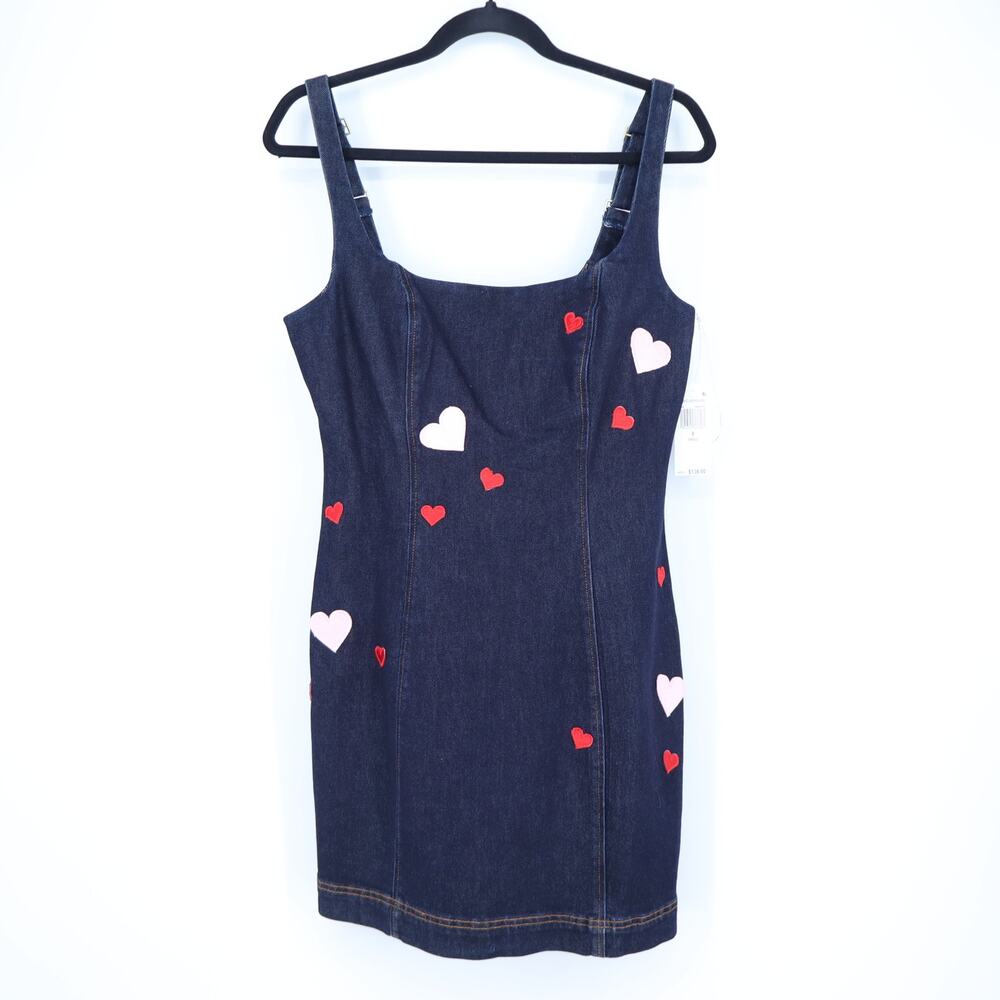 Avec Les Filles Heart Patch Mini Dress Blue NWT Denim Sleeveless Women's 8
